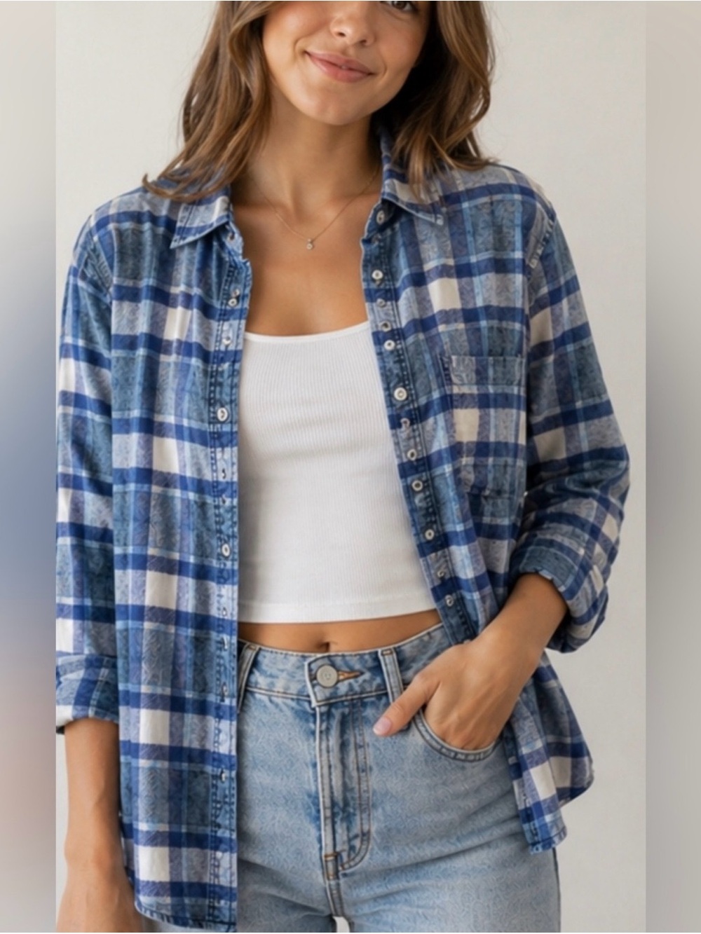 American Eagle Outfitters Navy and White Plaid Boyfriend Shirt